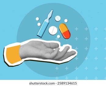 Black and white hand holding a various pills. Modern collage style. Vector illustration