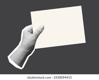 Black and white hand holds a blank paper sheet - element for collage. Vector illustration