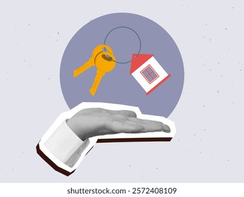 Black and white hand holds a bunch of house keys. Modern photo collage style. Vector illustration