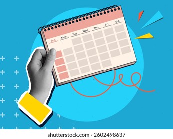 A black and white hand holds a calendar. Modern photo collage style. Vector illustration