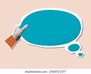 Mano en blanco y negro sostiene una burbuja de discurso de color con un espacio de copia - elemento para collage. Ilustración de vector