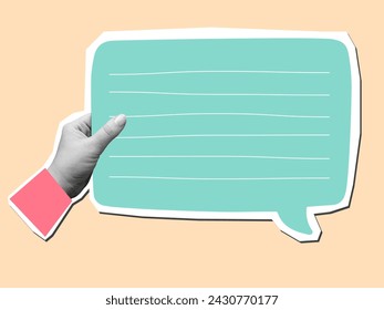Black and white hand holds a color speech bubble with a copy space - element for collage. Vector illustration
