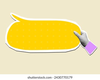 Black and white hand holds a color speech bubble with a copy space - element for collage. Vector illustration