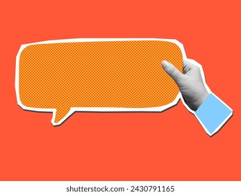 Black and white hand holds a color speech bubble with a copy space - element for collage. Vector illustration