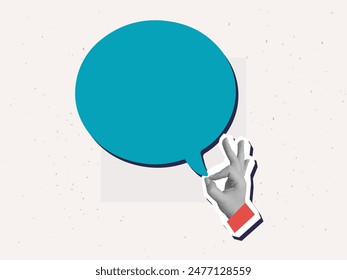 Black and white hand holds a color speech bubble with a copy space. Vector illustration in a modern collage style