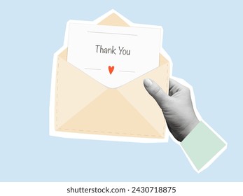 Black and white hand holds an envelope with a paper sheet with a text "Thank you" - element for collage. Vector illustration