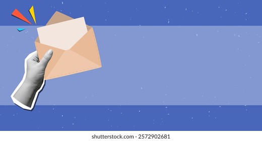 Black and white hand holds an envelope with a blank paper sheet, place for text. Modern collage style. Vector illustration