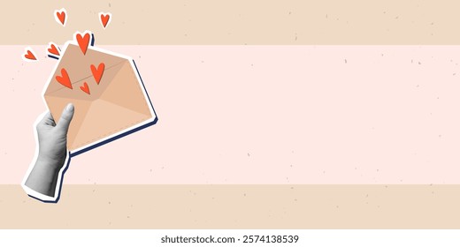 Black and white hand holds an envelope with a flying hearts, copy space. Modern collage style. Vector illustration