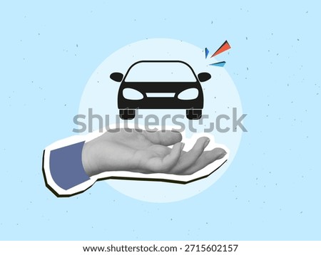 Black and white hand holds front view car silhouette. Modern photo collage style. Vector illustration