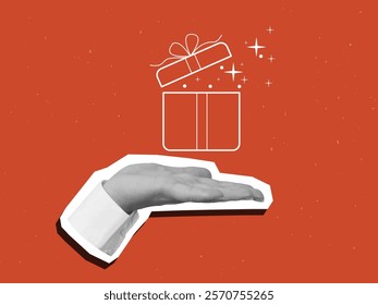 Black and white hand holds an opened gift box. Modern photo collage style. Vector illustration