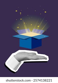 Black and white hand holds an opened box with light emanating from it. Modern photo collage style. Vector illustration