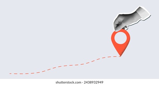 Black and white hand holds a red location pin. Destination sign in an arm in a modern collage style. Vector illustration