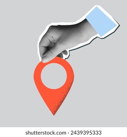 Black and white hand holds a red location pin. Destination sign in an arm in a modern collage style. Vector illustration