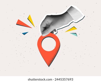 Black and white hand holds a red location pin. Destination sign in an arm in a modern collage style. Vector illustration