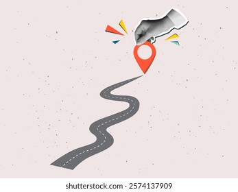 Black and white hand holds a red location pin in the end of winding road. Destination sign in an arm. Vector illustration in modern collage style