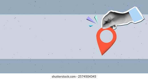 Black and white hand holds a red location pin. Destination sign in an arm with a place for text. Modern collage style. Vector illustration