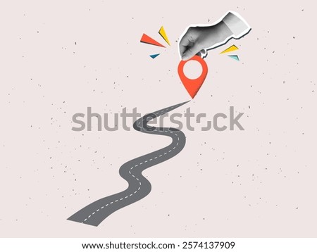 Black and white hand holds a red location pin in the end of winding road. Destination sign in an arm. Vector illustration in modern collage style