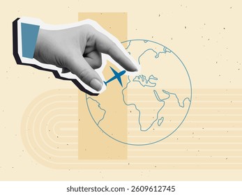 Black and white hand holds a sign of plane on Earth background. Modern photo collage style. Vector illustration