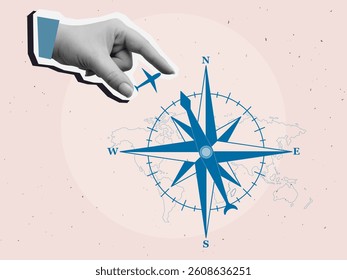 Black and white hand holds a silhouette of plane near the compass and world map. Travel concept. Modern photo collage style. Vector illustration