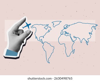 Mão preta e branca segura uma silhueta de avião perto do mapa do mundo. Conceito de viagem. Estilo moderno de colagem de fotos. Ilustração vetorial
