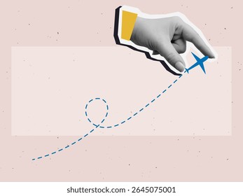 Mão preta e branca segura uma silhueta de avião com uma pista tracejada. Conceito de viagem. Estilo moderno de colagem de fotos. Ilustração vetorial
