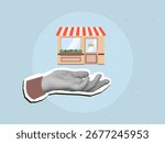 Black and white hand holds a small building - local cafe or shop. Modern collage style. Vector illustration