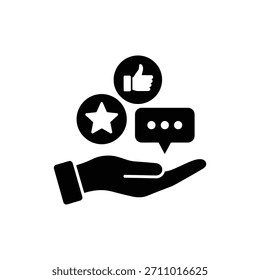 Icono de mano blanco y negro que representa el Comentarios Cliente o el concepto de calificación