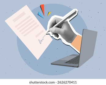 Black and white hand from laptop screen signs on a document. Modern collage style. Vector illustration
