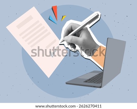 Black and white hand from laptop screen signs on a document. Modern collage style. Vector illustration