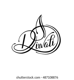 black and white hand lettering styled fire candle inscription Diwali to indian fire festival, calligraphic vector illustration
