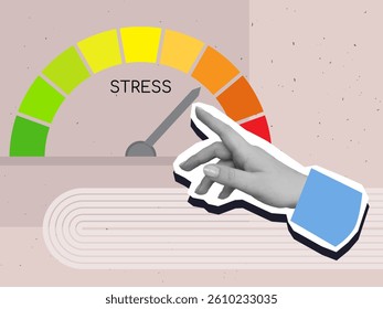 Black and white hand moves arrow on stress scale downwards - stress reduction concept. Modern photo collage style. Vector illustration