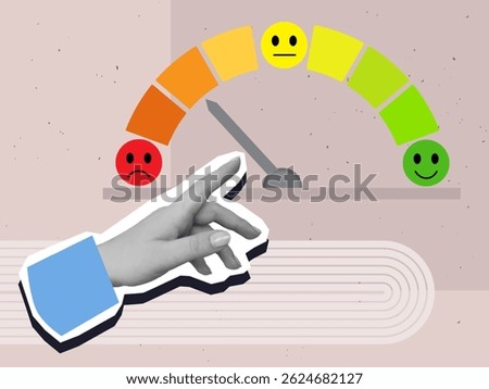 Black and white hand moves arrow on user feedback scale from sad to happy mark. Modern photo collage style. Vector illustration