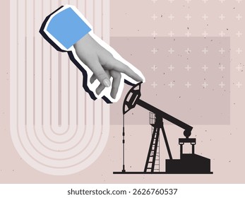 Black and white hand moves oil drilling derrick. Modern photo collage style. Vector illustration