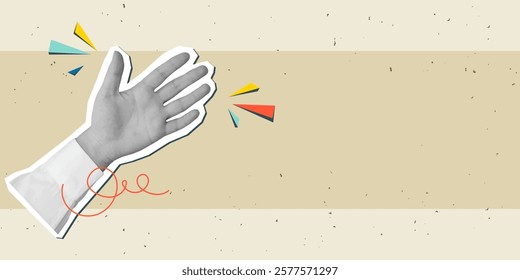 Black and white hand with an open palm, place for text. Modern collage style. Vector illustration