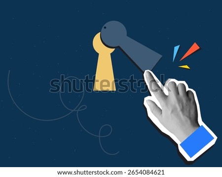 Black and white hand opens the keyhole. Modern photo collage style. Vector illustration