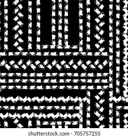 Black and white hand painted chevron and stitch ornament grunge seamless pattern, vector