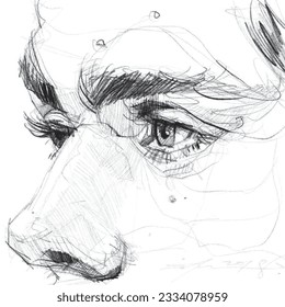 Black and white hand painted man looking sight, with eyes and nose in picture, Drawn picture (Sketch)  man with lines