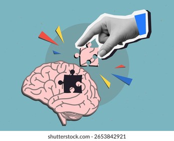 Black and white hand places missing puzzle piece in image of human brain. Modern collage style. Vector illustration