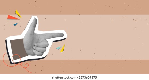 Black and white hand points with a finger, place for text. Modern photo collage style. Vector illustration
