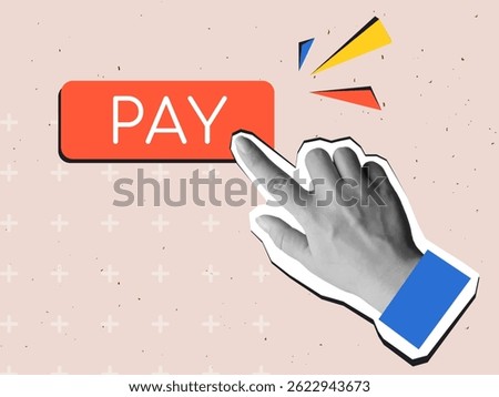 Black and white hand press Pay button. Modern collage style. Vector illustration