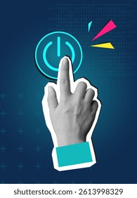 Black and white hand press power button. Modern collage style. Vector illustration