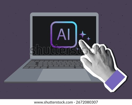 Black and white hand presses the button with a text AI on a laptop screen. Use of artificial intelligence. Modern photo collage style. Vector illustration