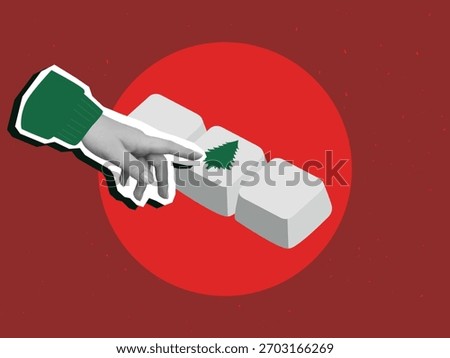 Black and white hand presses a button with a Christmas tree - the concept of starting Christmas. Modern collage style. Vector illustration