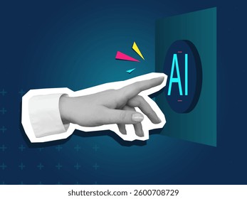 Black and white hand presses the red button with a text AI. Use of artificial intelligence. Modern photo collage style. Vector illustration