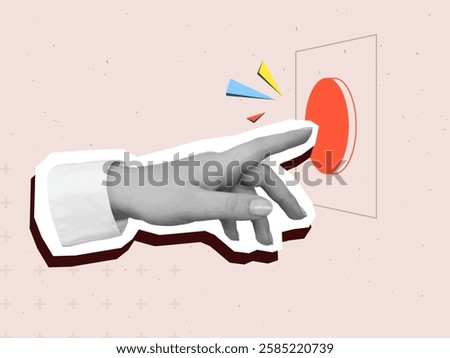 Black and white hand presses the red button. Modern photo collage style. Vector illustration