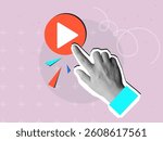 Black and white hand pressing a play button. Modern collage style. Vector illustration