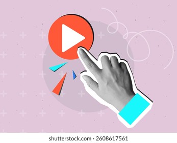 Black and white hand pressing a play button. Modern collage style. Vector illustration
