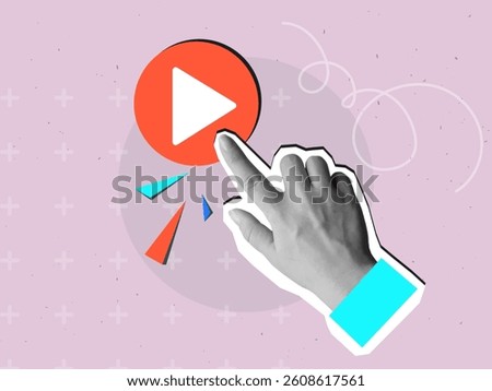 Black and white hand pressing a play button. Modern collage style. Vector illustration