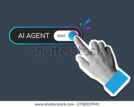 Black and white hand pressing a switch button which starts an AI agent. Modern collage style. Vector illustration