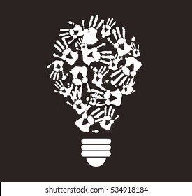 black and white hand print in lightbulb shape , symbol of thinking concept